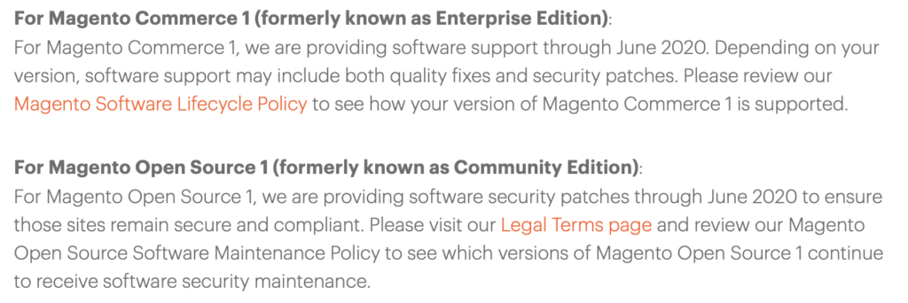 Magento 1 End of Life Blog snippet